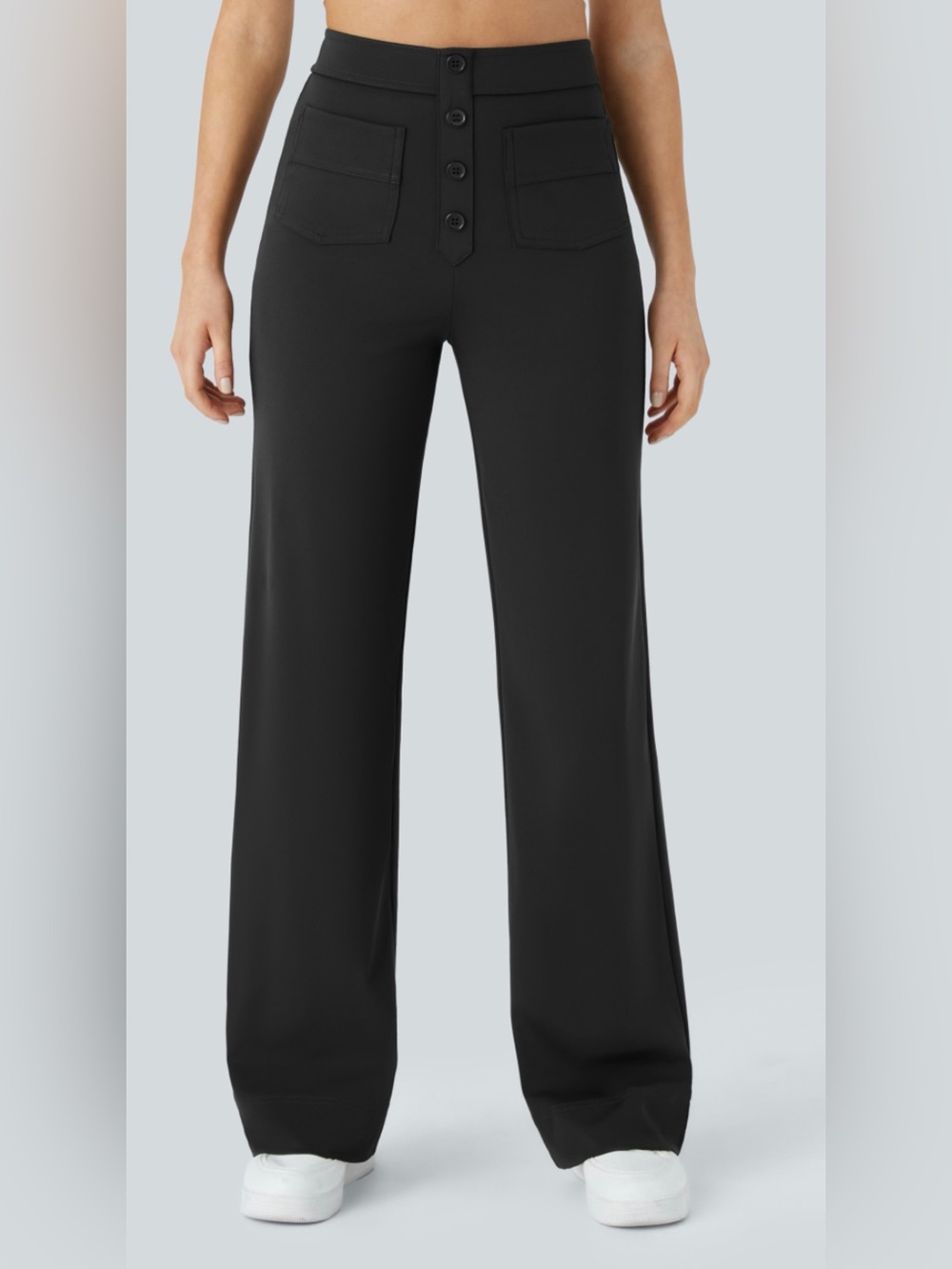 HALARA Black High-Rise Wide-Leg Pants with Button Front